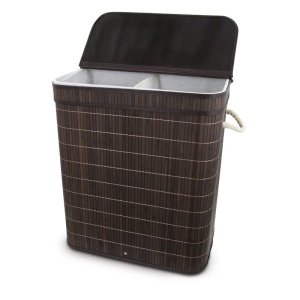 Cesto de Roupa Duplo de Bambu com Tampa Retangular Banheiro/Lavanderia 32X52X60cm