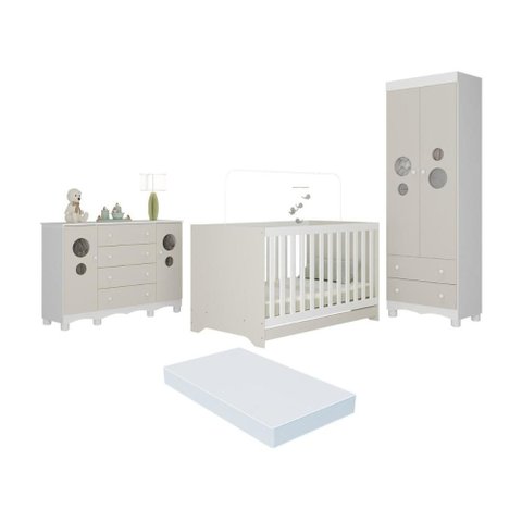 Quarto de Bebê Completo Berço Americano 3 em 1 Colchão Suspiro Multimóveis Mp4676 Branco/off