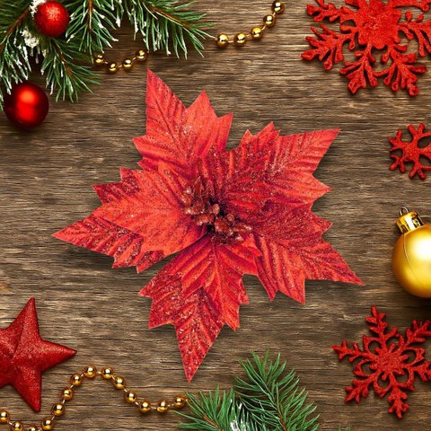 Kit 12 Flores Vermelho Artificial Decoração Enfeite Árvore Natal Luxo