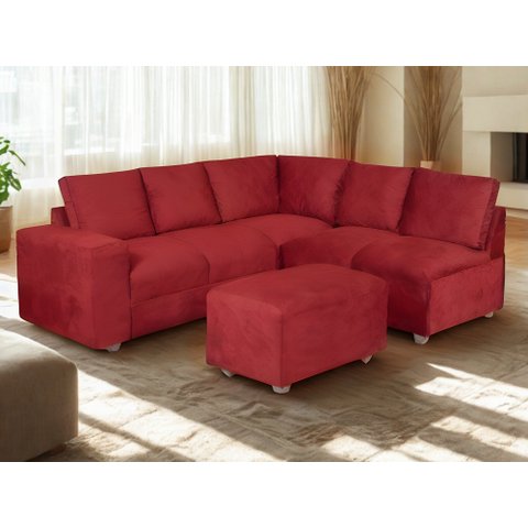 Sofa de Canto Sandero 5 Lugares e Puff Bom Descanso Veludinho Vermelho
