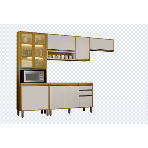 Cozinha Eduarda 4 Peças Portas Reflecta com LED - CHF Móveis:Cinamomo/Off White