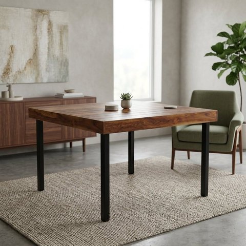 Mesa de Alumínio 80x80 cm com Tampo Ripado de Madeira Pintura Eletrostática Preta