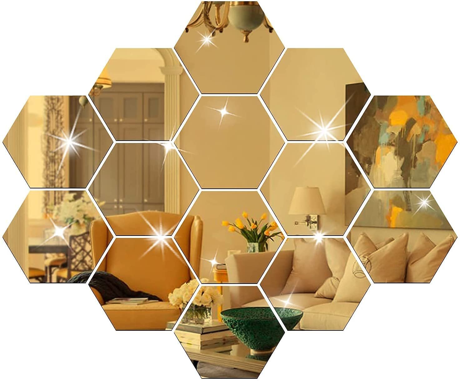Espelho Decorativo em Acrílico Dourado Hexagonal 20 Peças