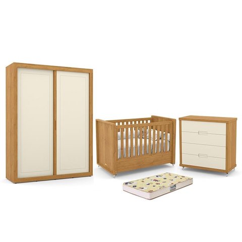 Dormitório Tutto New 2 Portas, Cômoda 4 Gavetas e Berço Freijó/Off White com Colchão D18 - Matic Móv