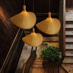 Luminária Pendente Tecelagem moderna luzes pingente de bambu artesanal chapéu palha retro jardim - A - 2