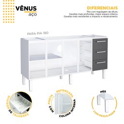 Gabinete de Cozinha para Pia 180 em Aço Vênus 3 Gavetas Branco/preto - Cozimax - 2