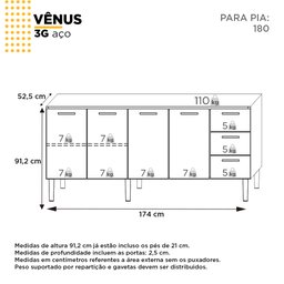Gabinete de Cozinha para Pia 180 em Aço Vênus 3 Gavetas Branco/preto - Cozimax - 4