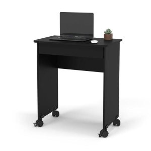 Escrivaninha Compacta para Notebook Preto com Rodízios e Gaveta