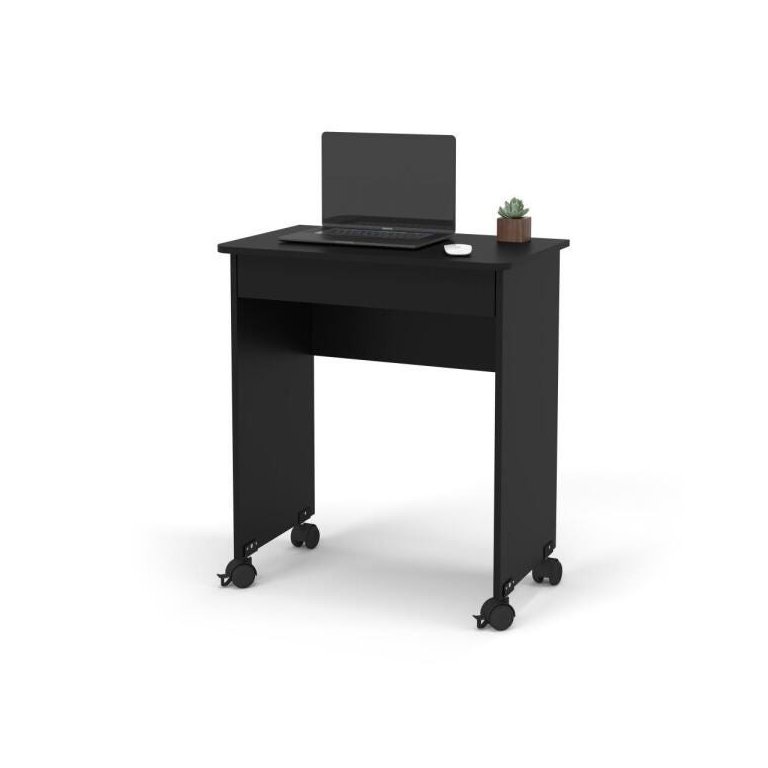 Escrivaninha Compacta para Notebook Preto com Rodízios e Gaveta
