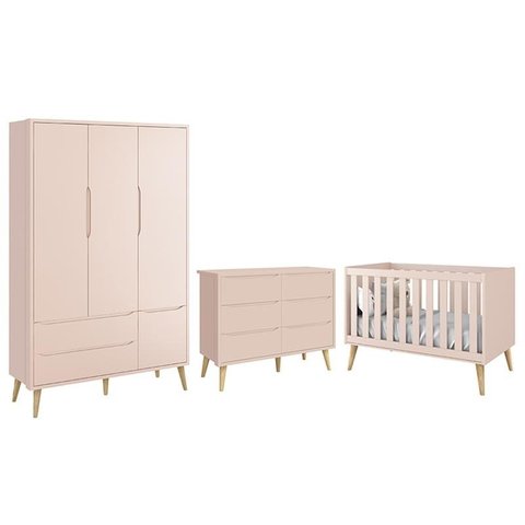 Dormitório Completo Infantil Theo 3 Portas, Cômoda 6 Gavetas e Berço Rosa Fosco com Pés Madeira Natu