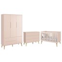 Ver imagem 1 de Dormitório Completo Infantil Theo 3 Portas, Cômoda 6 Gavetas e Berço Rosa Fosco com Pés Madeira Natu