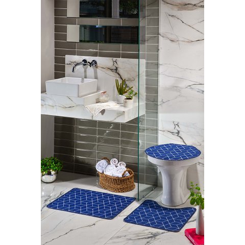 Kit Tapete Banheiro 3 Peças Azul Cubo Pratik