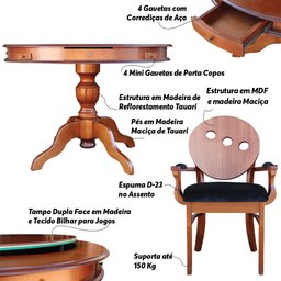 Conjunto Mesa e Poltrona de Jogos Carteado 4 Lugares J-Bonomo e Teseu Redonda Tampo Reversível Com - 8