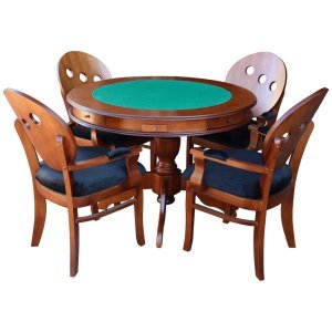 Conjunto Mesa e Poltrona de Jogos Carteado 4 Lugares J-Bonomo e Teseu Redonda Tampo Reversível Com