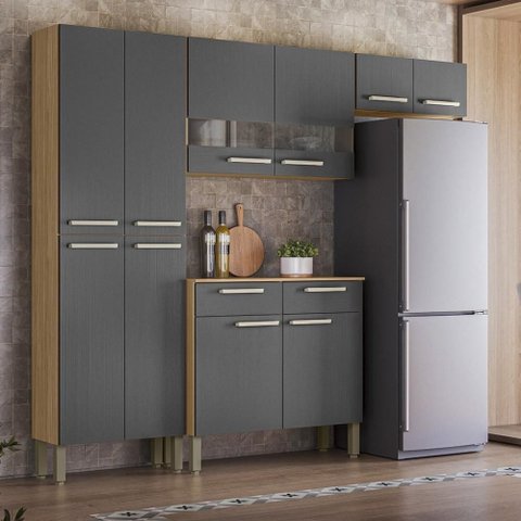 Armário de Cozinha Completa Mdf 10 Portas 2 Gavetas Nala Plus - Freijó/gris