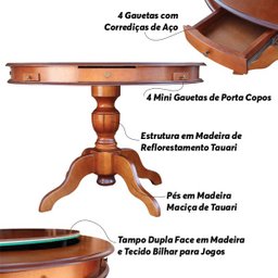 Mesa de Jogos Carteado 4 Lugares J-bonomo Redonda Tampo Reversível com Gavetas e Porta Copos - 3