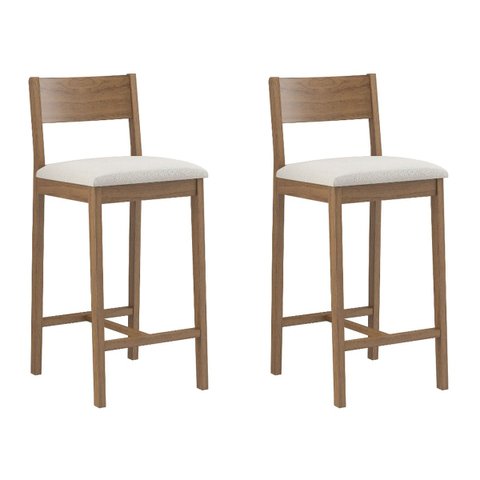 Banqueta Madeira Nogueira Maciça tecido Branco Modelo Manu Altura 70cm Kit 2 Unidades Poltronas do S
