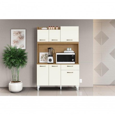 Kit Cozinha Berlim 6 Portas 1 Gaveta MDP 120cm Atacama Off White Aramóveis