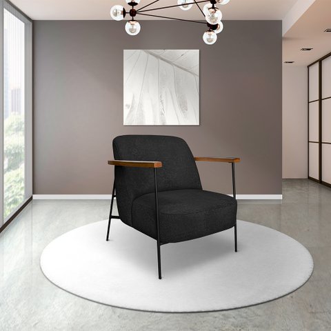 Poltrona Sala de Estar Pés em Ferro Preto Braço Madeira Maciça 86cm Thane Bouclê Preto G63 - Gran Be
