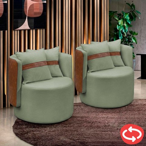 Kit 2 Poltrona Orgânica Base Giratória Maya Corino Nozes e Boucle Verde Redonda Decorativa - Arkell