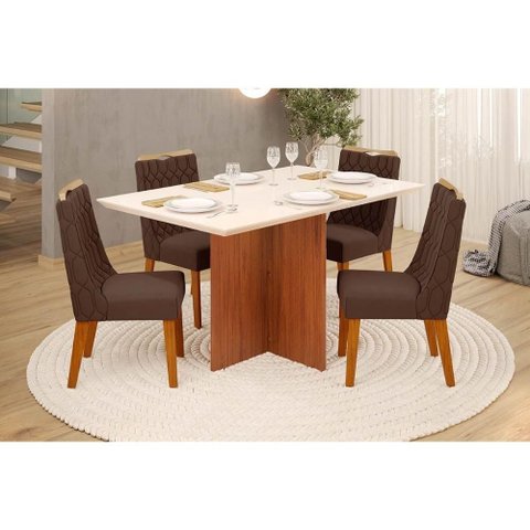 Sala de Jantar Completa Hera C/ Tampo Madeirado C/ Vidro Reto 120x90cm e 4 Cadeiras Bia Freijo/off