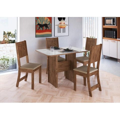 Conjunto Sala de Jantar Fidelitá Atenas 110cm com 4 Cadeiras Noce/off-white Assento Bege