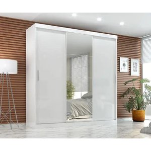 Guarda Roupa Casal 3 Portas de Correr Paris 2 Gavetas Com Espelho - Quarta Divisão:Branco c/Espelho
