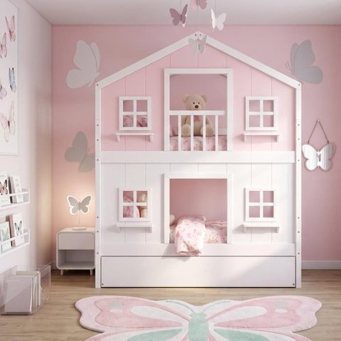 Treliche Infantil Casinha Dos Sonhos com Cama Auxiliar Rosa e Branco Megamobilia 199cm