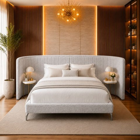 Cama Casal King e Cabeceira Curva Fernanda Bouclê Moscow Design Moderno