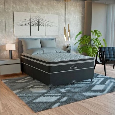 Cama Box Casal Bipartido Preto + Colchão Paris Molas Preto Suede Preto/preto