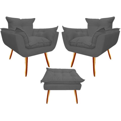 Kit 2 Poltronas + Puff Decorativo Opala Suede Cinza Pés Madeira Mz Decor