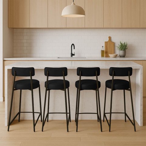 Banqueta Cozinha Alta com Encosto Industrial Champanhe Kit 4 Londres Pu D03 - D'Rossi