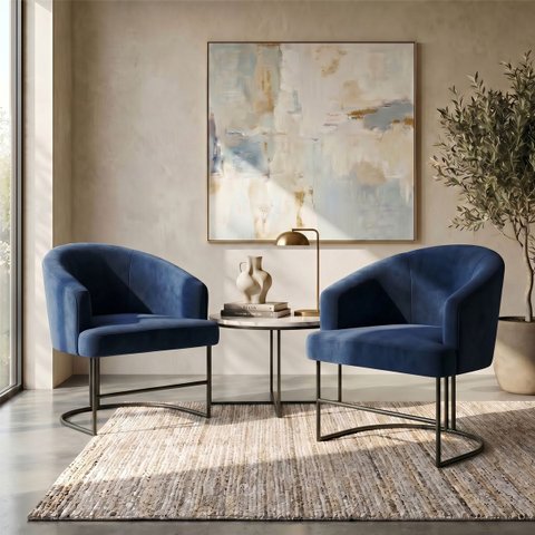Kit 2 Poltrona Decorativa Moderno Base Aço Preto Cor Azul Marinho