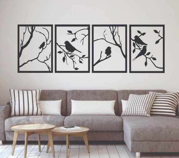Quadro Decorativo Pássaros Árvore 4 Peças MDF (Padrão) - 4