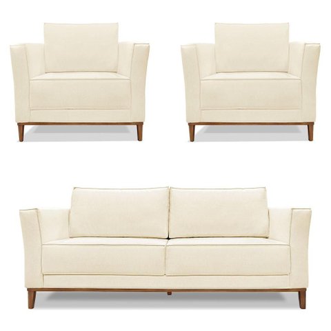 Kit 2 Poltronas e Sofá Living 2 Lugares 1,70m Vega Linho Pés Castanho - Pallazio Cor:Areia