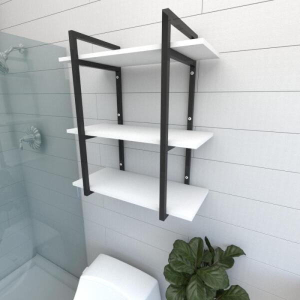 Prateleira industrial para banheiro aço cor preto prateleiras 30 cm cor branca modelo ind09bb