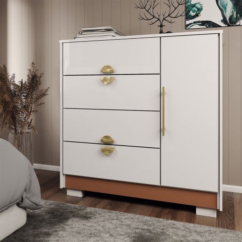 Cômoda Sapateira Búzios 1 Porta 4 Gavetas Branco/camarim - Panorama Móveis