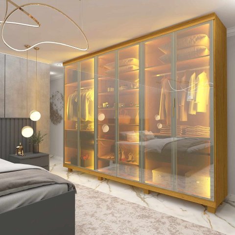 Guarda Roupa 6 Portas Casal Reflecta Led Imperatriz Naturale - Gelius