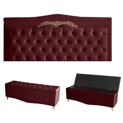 Kit Helena Cabeceira de Cama Painel e Calçadeira Baú Queen 160 Cm Suede Bordo Eli Móveis e Decoração