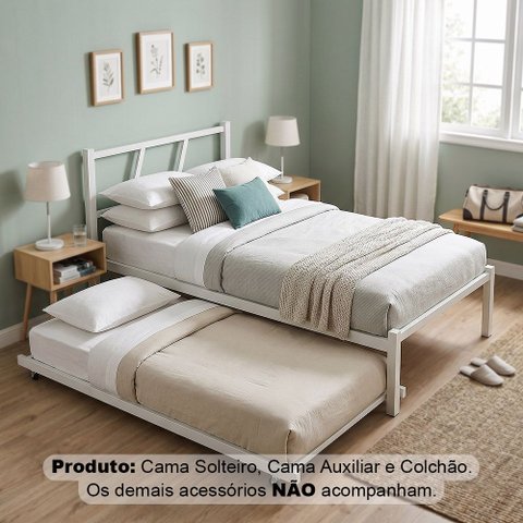 Cama Solteiro Ferro Bruna 100% Aço Industrial Reforçada com Cama Auxiliar e Colchão - Branco