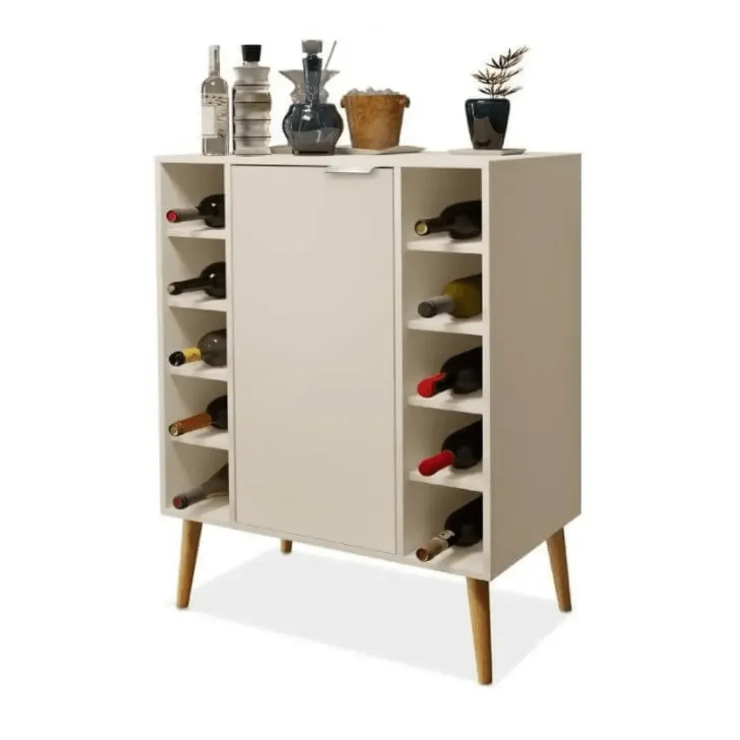 Aparador Buffet Bar Adega para 10 Garrafas Porta Retrô Pés Madeira Dubai:off White