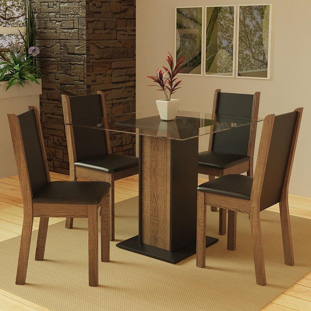 Conjunto Mesa Tampo de Vidro com 4 Cadeiras Rustic e Preto - 1