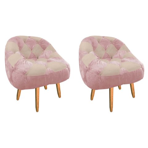 Kit 02 Poltrona Paloma Escritório Sala Pé Palito Suede Rosa Bebê e Suede Bege Rosado - DOMINIC DECOR