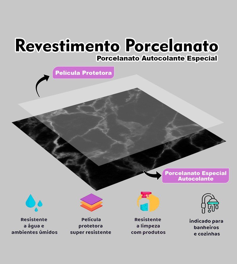 10 Placas Revestimento Porcelanato Mármore Preto Laminado 25x25cm - 2