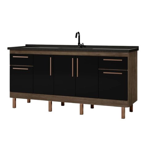 Gabinete de Cozinha Avelato 194cm Balcão 5 Portas 2 Gavetas:Avelato/Preto
