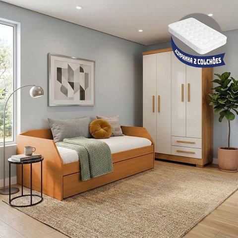 Conjunto Quarto Bicama Duo + Guarda-Roupa Paris 4 Portas 2 Gavetas com 2 Colchões - Nature/Off-White