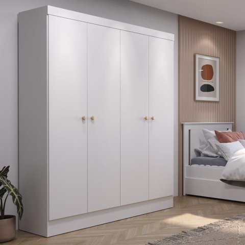 Guarda Roupa 4 Portas de Abrir Solteiro 135cm 5 Nichos Renzo Branco Fosco