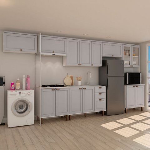 Cozinha Completa Iluminata 14 Portas 3 Gavetas 100% Mdf com Vidro Branco/fendi - Genialflex