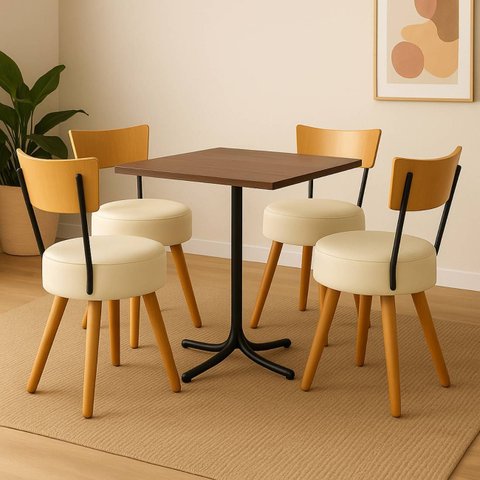 Conjunto Mesa de Jantar Quadrada Preta Tampo Imbuia com 4 Cadeiras Estofada Off-white Encosto Madeir