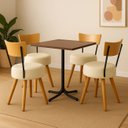Ver imagem 1 de Conjunto Mesa de Jantar Quadrada Preta Tampo Imbuia com 4 Cadeiras Estofada Off-white Encosto Madeir